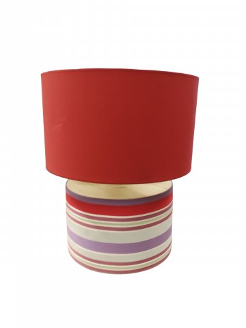 Tischlampe, Keramik, beige, zylindrisch, stoffummantelt mit farbigen Streifen