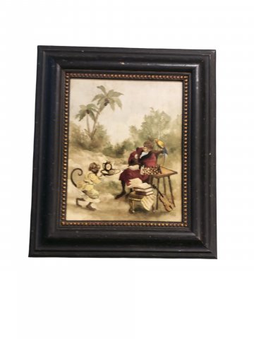 P- Bild, Vermenschlichte Affen im Dschungel, verschiedene Motive, schwarzer, breiter Holzrahmen mit goldenen Nieten, 38x44cm