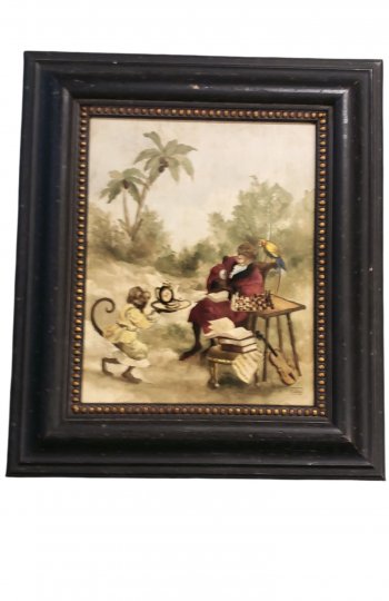 P- Bild, Vermenschlichte Affen im Dschungel, verschiedene Motive, schwarzer, breiter Holzrahmen mit goldenen Nieten, 38x44cm