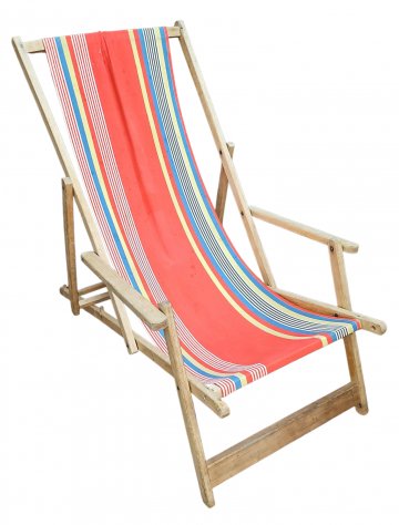 Liegestuhl, Gestell Holz, Stoffbespannung Rot mit weiß/blau/gelben Streifen, bis 80kg