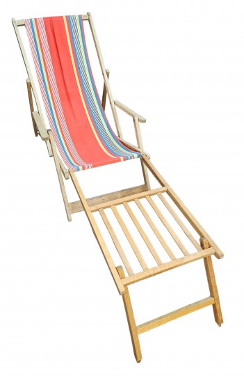 Liegestuhl, Gestell Holz, Stoffbespannung Rot mit weiß/blau/gelben Streifen, bis 80kg, (Beinablage 21100025 EXTRA)
