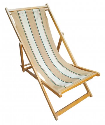 Liegestuhl, Gestell Holz, Stoffbespannung, Muster Blockstreifen Ocker und schmale grün/braune Streifen, bis 80kg