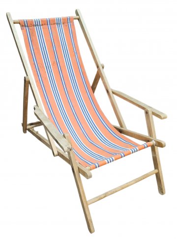 Liegestuhl, Gestell Holz, Stoffbespannung Orange mit weiß/blauen Streifen, bis 80kg