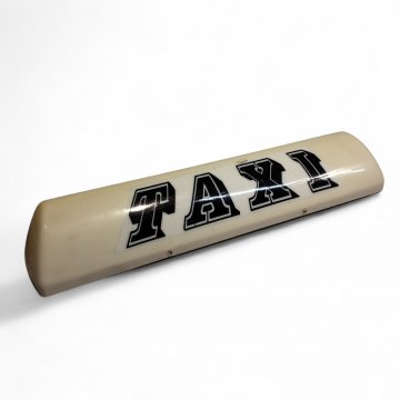 Autoaufsatz, TAXI, länglicher Metallkorpus, magnetisch, beige Plexihaube, 12V, schwarzes Spiralkabel, Leuchtschild