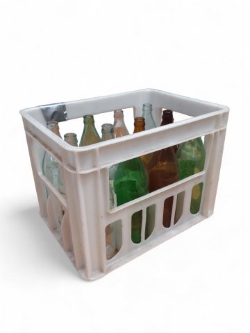 Flaschenkiste, Kunststoff, mit je 12 Glasflaschen, Apfelsaft, 38x30x30 cm, versch. Farben, DDR