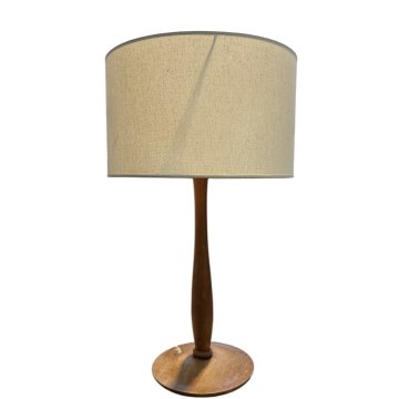 Tischlampe, Holz, runder Sockel, gedrechselte Säule, Soffschirm beige