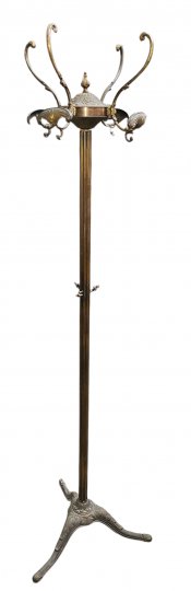 Garderobenständer, Messing, kannelierte Säule, 4 Haken verziert, 3 kl. Haken mittig, 3-Fuß-Gestell, 172cm