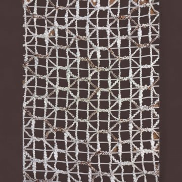 Gardine, ca.135x245cm, wollweiß, Gitterstruktur, fischernetzähnlich ,braun/weiß melierter Faden in Kreismuster, gerafft genäht