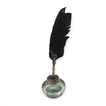Schreibfeder schwarz / Silber mit Tintenfass aus Glas