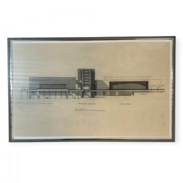 P- Blaupause auf Papier unter Glas, Architekturzeichnung Training School, Holzrahmen grau silber