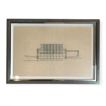 Bild, gerahmt, Holz grau / Chrom, Gebäudeskizze, quadrtaisches Gebäude, 43cm x 30cm