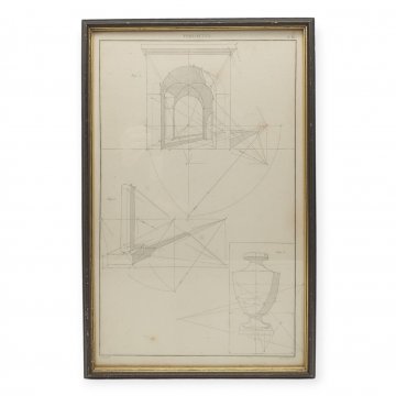 Technische Zeichnung, Perspektivische Darstellungen, Arkade, Säule und Vase, im Holzrahmen unter Glas