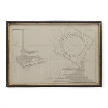 Technische Zeichnung, Perspektivische Darstellungen, Säule, im Holzrahmen unter Glas