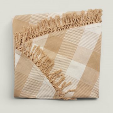 Tischdecke Ø 140 cm beige-braun kariert mit Streifenmuster Fransen