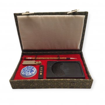 Tuschkasten / Calligraphy Set , grüne Seide, Mischstein, Pinselablage Schälchen, 2 Pinsel 