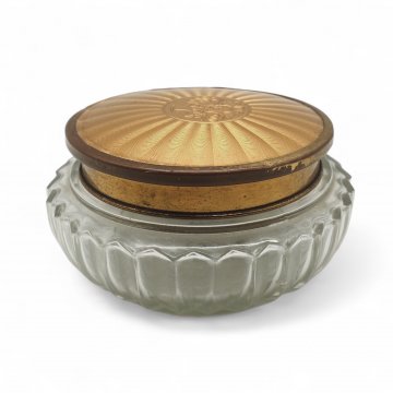 Deckeldose / Puderdose, Glas, Messingdeckel mit Fächermuster