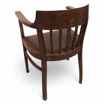 Armlehnstuhl, gerundet, Eiche dkl.braun, Rücken Längssprossen, Sitz Leder dkl.braun