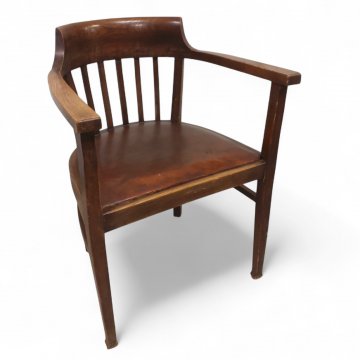 Armlehnstuhl, gerundet, Eiche dkl.braun, Rücken Längssprossen, Sitz Leder dkl.braun