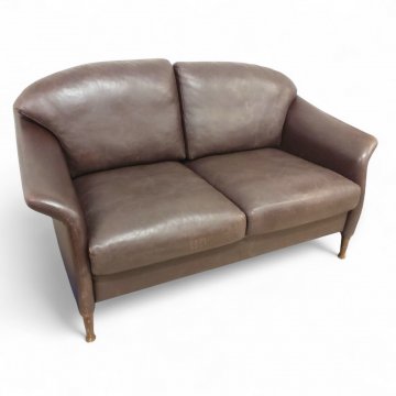 Sofa KNOLL, Vollpolster Leder braun, 4 lose Polsterkissen, Arml. geschwungen, Füße Holz braun, 2-er, B150xT80xH80