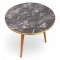 Tisch, Resopalplatte grau/weiß marmoriert, Umleimer gold, 3 Holzbeine schräg, ø60xH64