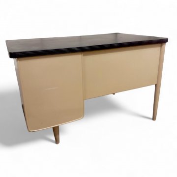 Schreibtisch, Metall beige lackiert, Platte K.stoff schwarz, 1+3 Schübe, Beine rund konisch, B122xT76xH77