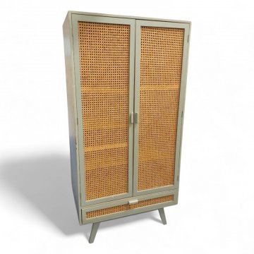 Schrank RALIK, Paulowniaholz seladongrün, Fronten Rattan geflochten, naturfarben, 2Türen/ 1Schub unten, 2Kleiderstangen, 3Einlegeböden, konische Füße, H160xB80xT57, RALIK DESIGN