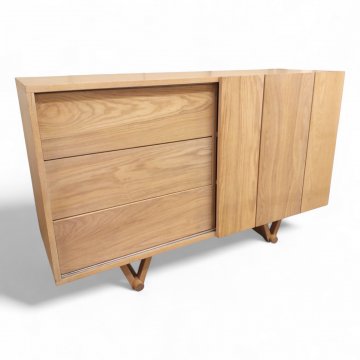 Sideboard MEDLEY, Eiche gekälkt, links 3 Schübe, rechts 3 Fächer, Schiebetüren, Kufenbeine, B140xT48xH87