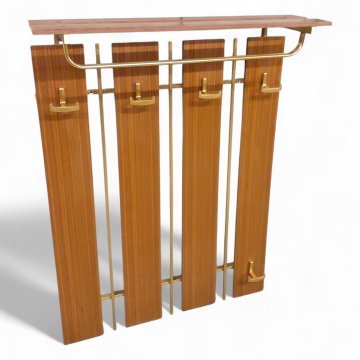Wandgarderobe, 4 Nußbaumlatten, Messingstreben, 5 Doppelhaken Messing, Hutablage