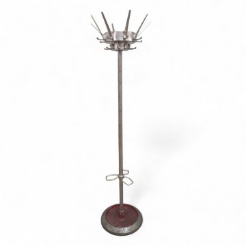 Garderobenständer, Alu, 7+8 Haken, Kranz drehbar, 3 Schirmbügel, Tellersockel Gußeisen rot/silber, H185
