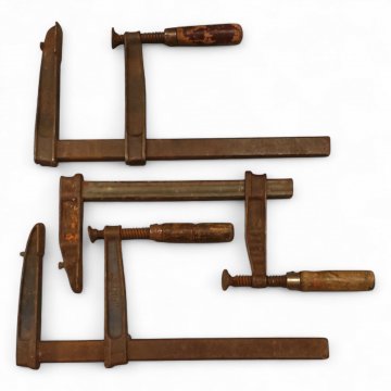 Schraubzwinge, Metall mit Holzgriff, stark gebraucht, Länge 50cm, Breite 25cm