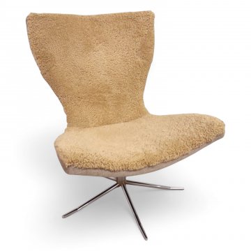 Sessel, Stoff beigegrau melliert, Sitz und Rücken Schafsfell beige, Chromgestell 5-füßig, drehbar