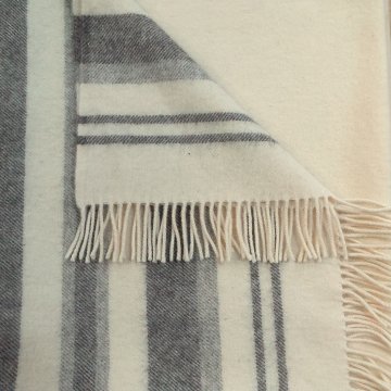 Wolldecke 140x240 DANAJA 105XL wollweiß mit dunkelbraunen Blockstreifen, 100% Schurwolle, Decke