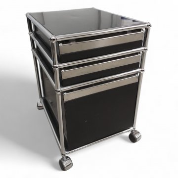 Rollcontainer USM Haller, Metall graphitschwarz, 3 Schübe, Chromgestell, B42xT52xH63