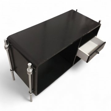 Sideboard, schwarz lackiert, Ecken gerundet, Metallbeine silber, Schub/ 3 offene Ablagefächer beidseitig, B99xT40xH56