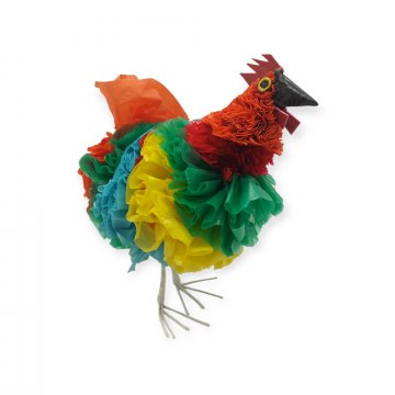 Huhn, Recyclingkunst aus Plastiktüten, verschiedene Farben
