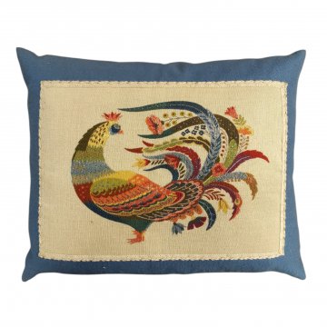 Kissen, blau, bunter Pfau auf beigen Grund 40cm x 50cm