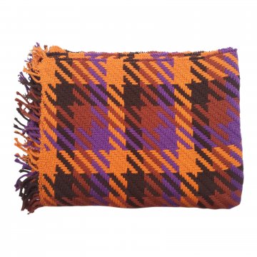 Wolldecke 130x180cm, orange/schwarz/lila/rostrot, diagonales Muster, Fransen