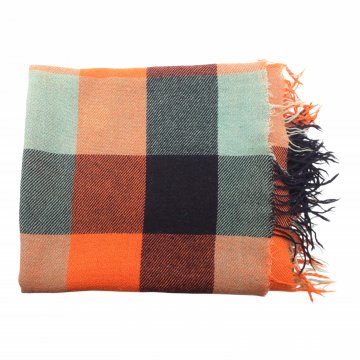 Wolldecke, Schurrwolle, 150x170cm, orange/schwarz/lindgrün, Karomuster, Fransen, Löcher