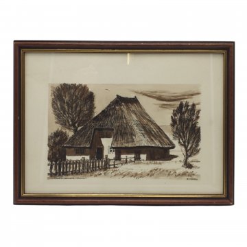 Bild gerahmt, Lithographie, Reetdachhaus, braune Holzleiste mit Goldnase