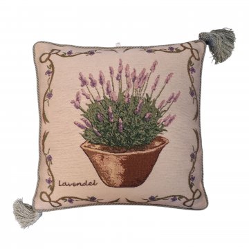 Kissen 42x42, beige, Gobelin, Lavendeltopf mit Ranken, rundum Kordel und 2 Quasten in mint