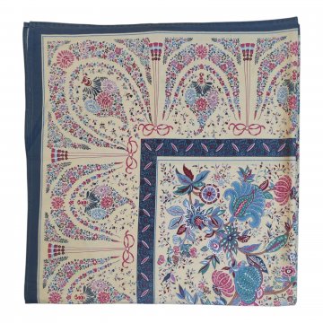 Tagesdecke 250x270, florales Muster auf beigem Grund, pink/lila/blau/türkis, blauer Rahmen, Baumwolle