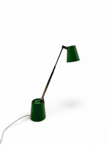 Tischlampe, Reiselampe, Lampette, Kunstoff grün, Teleskoparm Metall