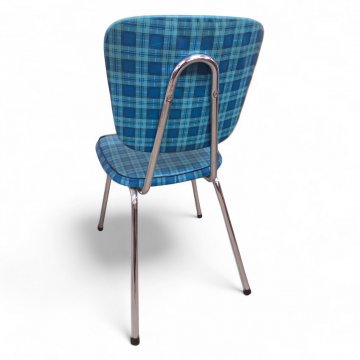 Küchenstuhl, Stahlrohrgestell, Sitz und Rücken K.stoff grün/türkis kariert, Sitz Borte schwarz