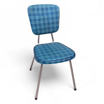 Küchenstuhl, Stahlrohrgestell, Sitz und Rücken K.stoff grün/türkis kariert, Sitz Borte schwarz