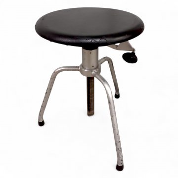 Hocker, Metallgestell silber 3-beinig gebogen, Sitz Kunstleder schwarz rund, höhenverstellbar, drehbar