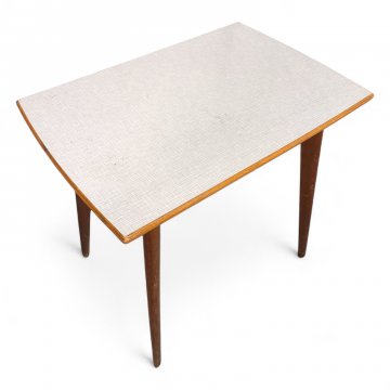 Küchentisch, Resopalplatte grauweiß, Beine Buche konisch schräg, L80xB55xH75