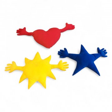 Kissen Velvet, Herz, Stern, Sonne, gelb, blau, rot