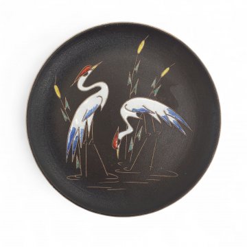 Wandteller, Keramik, Kraniche, Handbemalt, 27cmØ RUSCHA, 50er Jahre