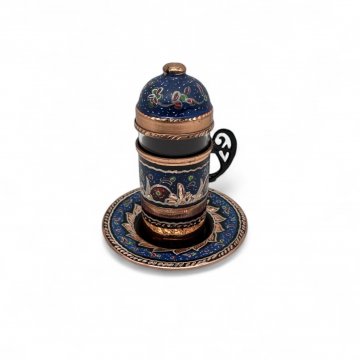 Becher mit Untertasse und Deckel, Kupfer, Glas, bunt bemalt, Arabisch, Ø 10cm, 12cm hoch