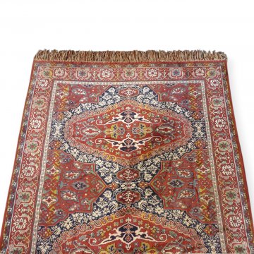 Wandteppich 145x270, rotbraun grundig, Muster in blau/weiß/curry, Perser / Orientalisch, Fransen
